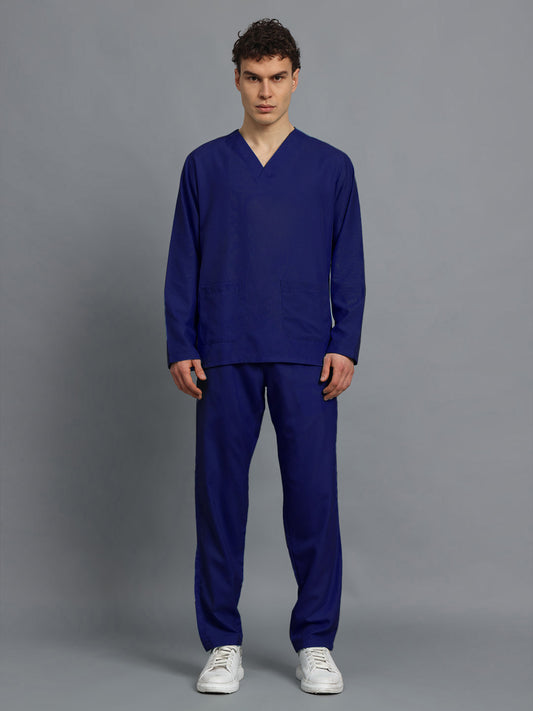 Navy Blue V-neck, full sleeve medical scrub suit with drawstrings and side pockets.