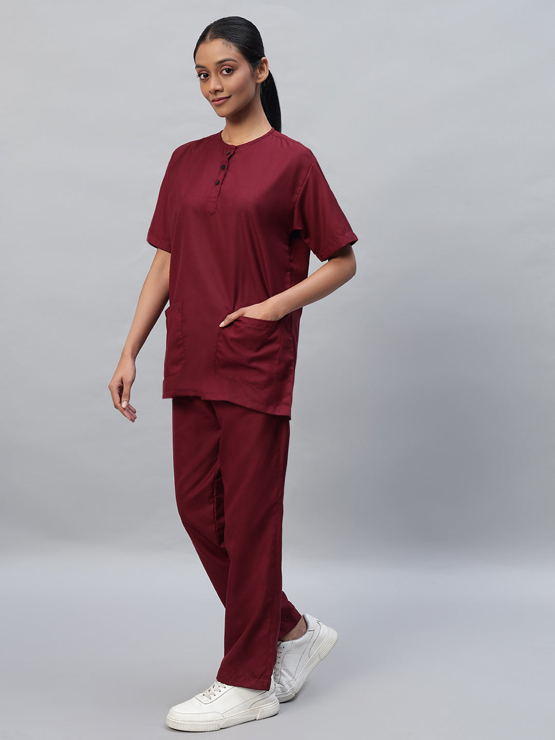 front view of Maroon Medical Scrub for women