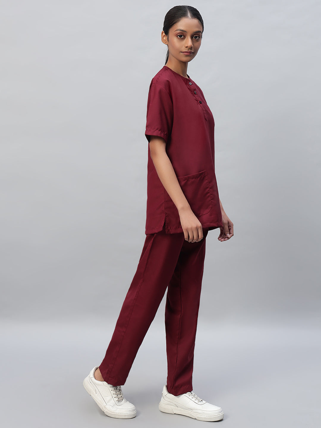 side view of Maroon Medical Scrub for women