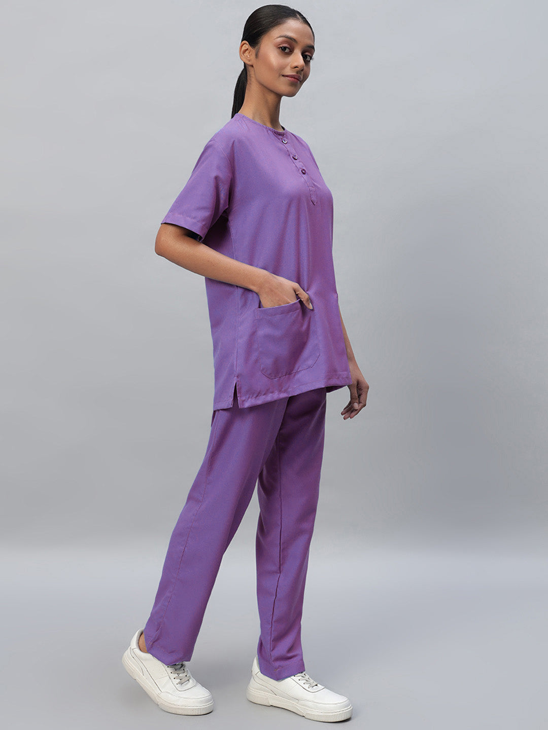 Side look of Light purple color Medical scrub for women