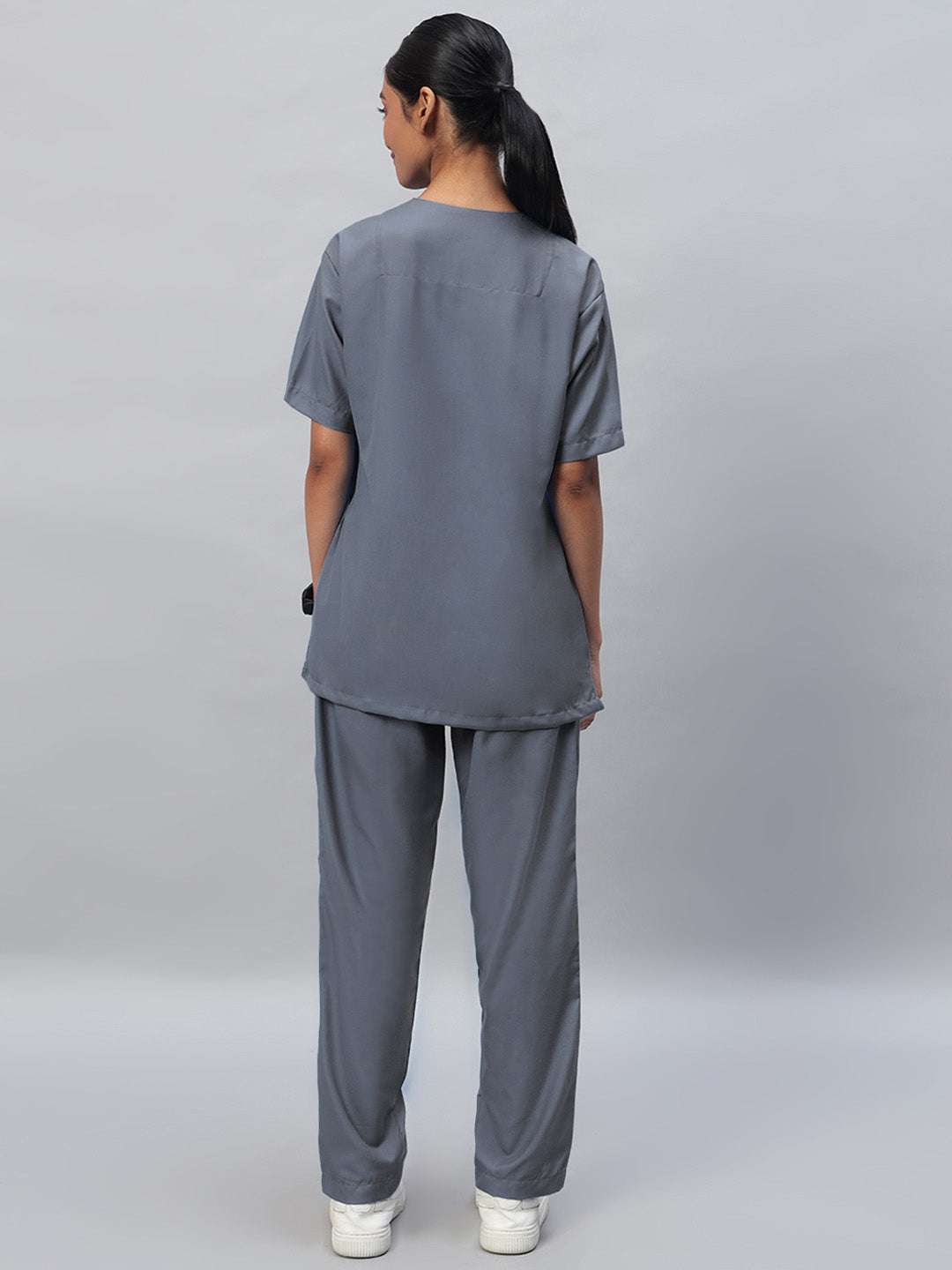 back look of Dark grey half sleeve medical scrub for women