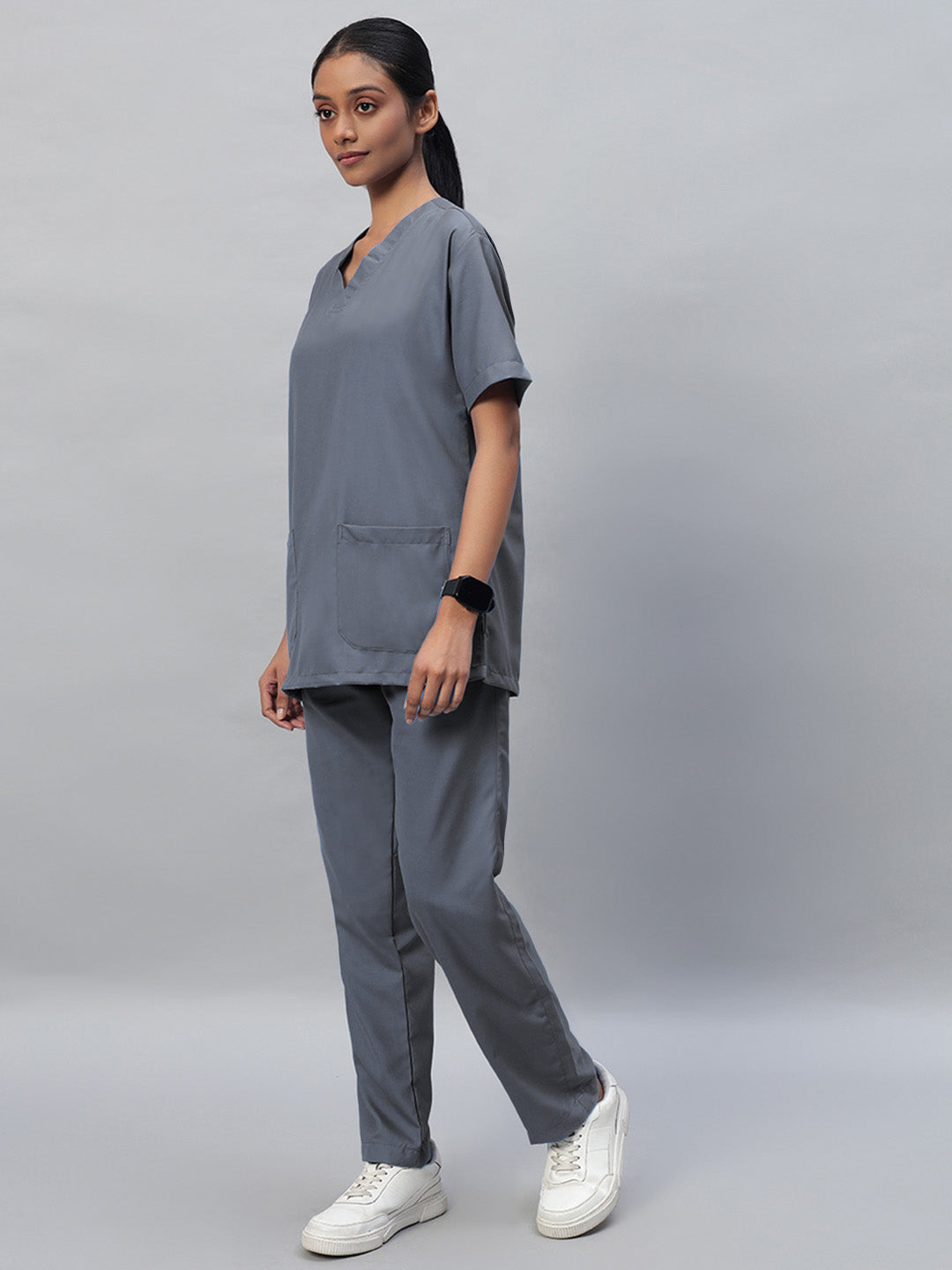 side look of medical scrub for women in dark grey color