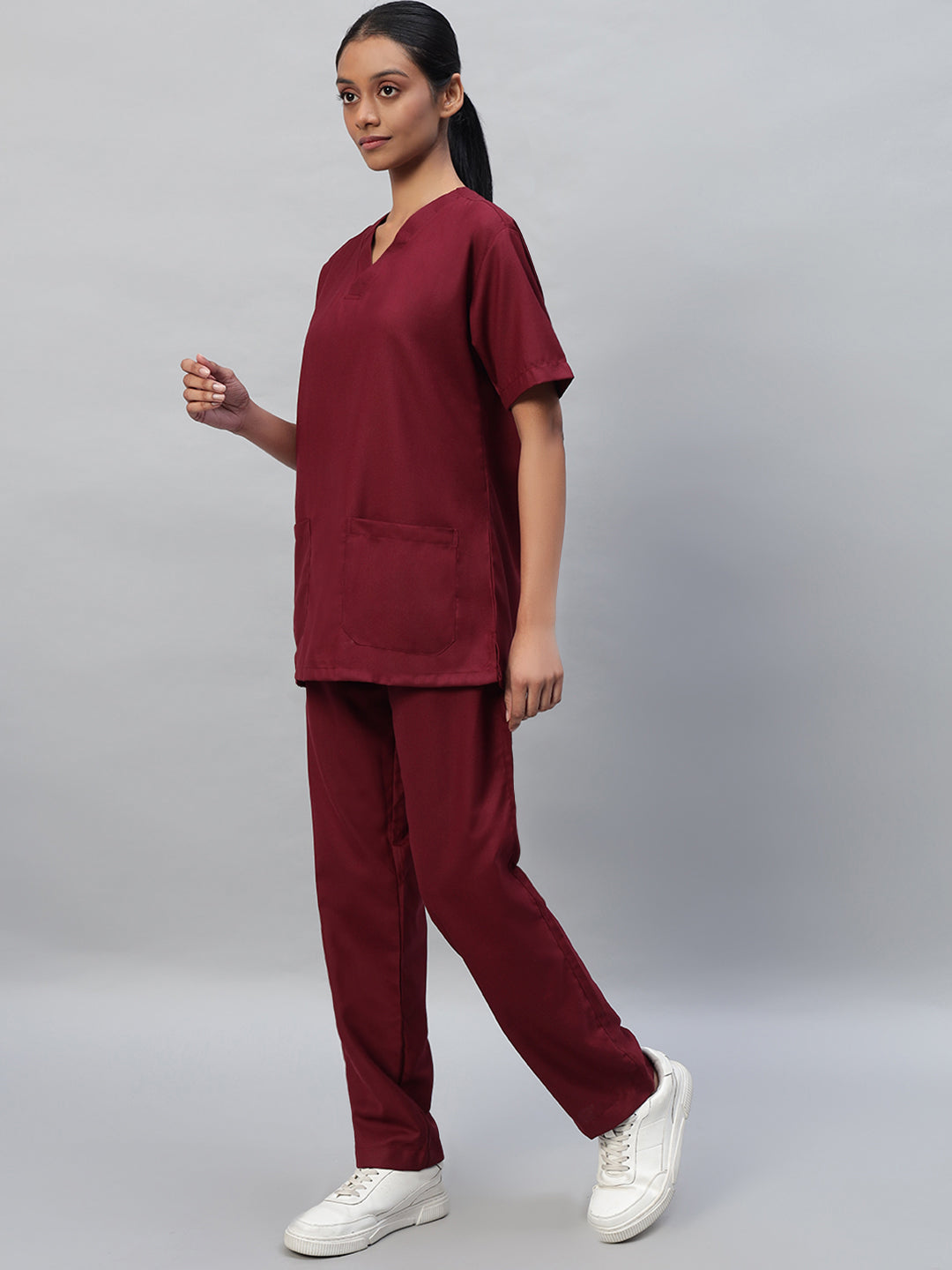 side look of Maroon color medical scrub for women