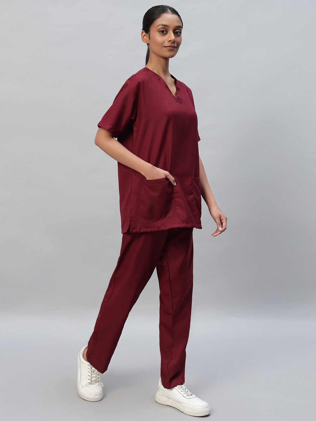 side look of Maroon color medical scrub for women