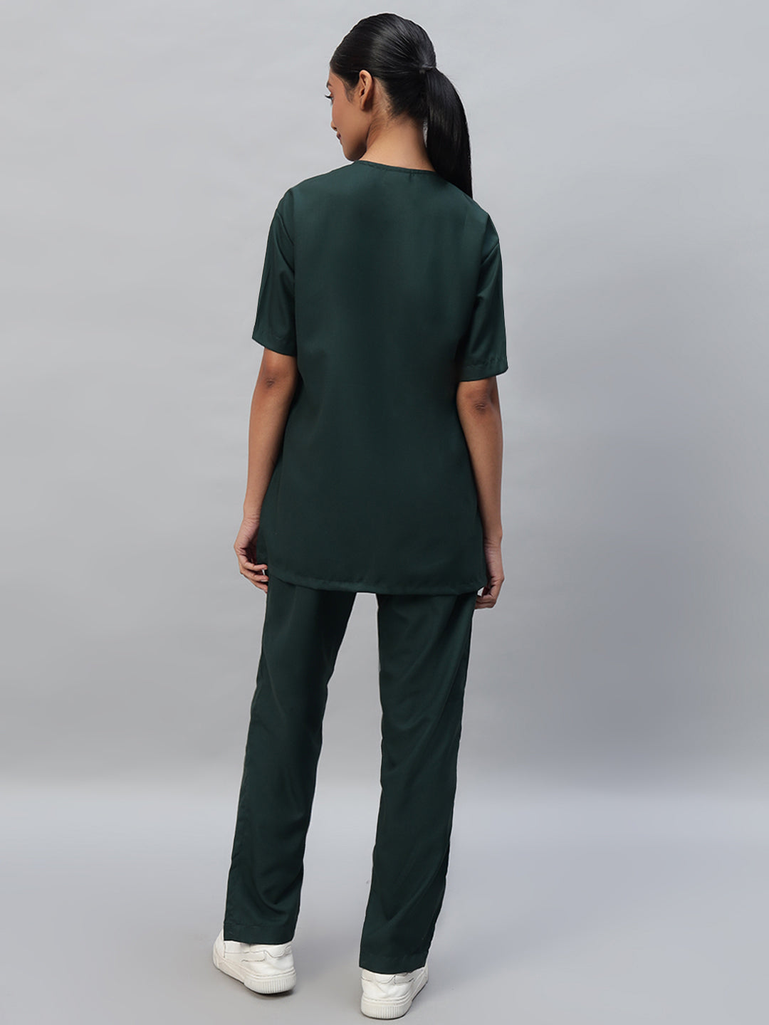 back view of Dark green color Medical Scrub for women