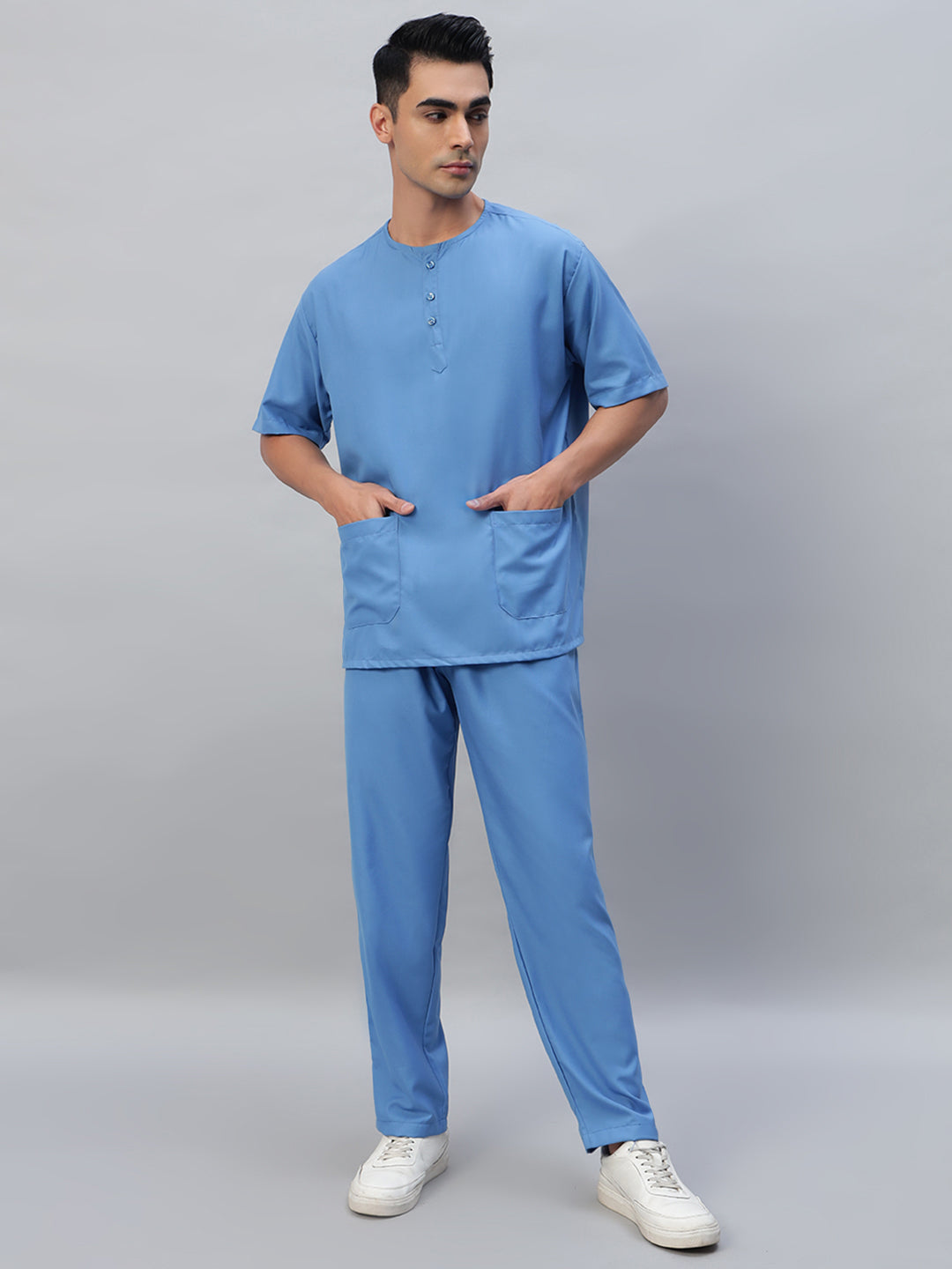 Sky Blue All-Day Half Sleeve Round Neck 3 Buttons Medical Scrubs - Male