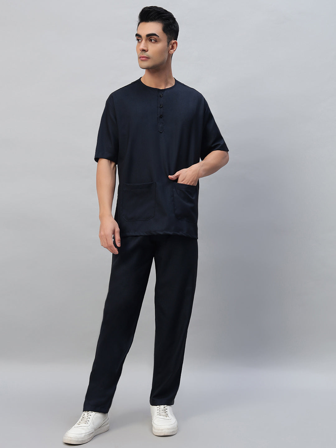 Blue Black All-Day Half Sleeve Round Neck 3 Buttons Medical Scrubs - Male