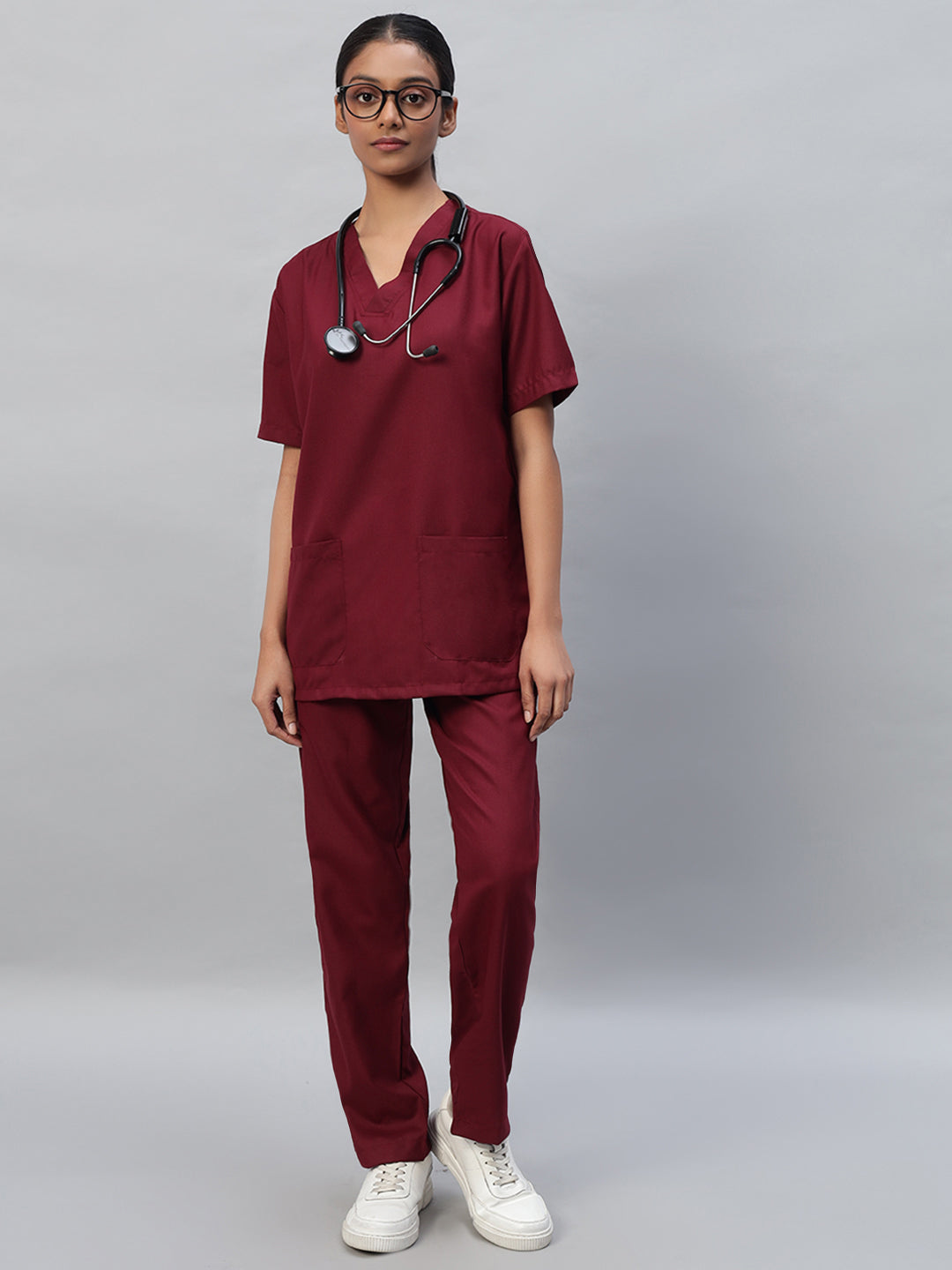 Maroon color medical scrub suit for women