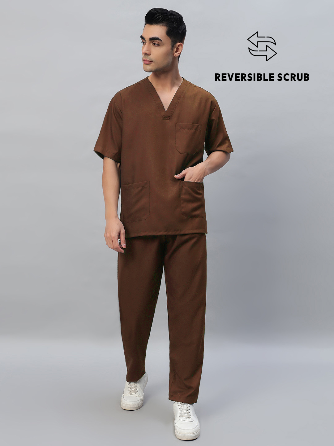 Brown Reversible Half Sleeve Medical Scrubs - Male