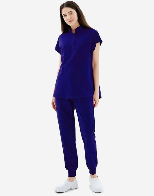 Blue Black Celest Mandarin Collar Premium Half Sleeves Medical Scrubs - Female