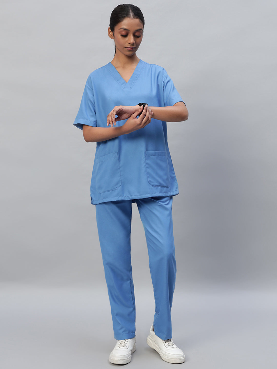 front view of sky blue color medical scrub for women