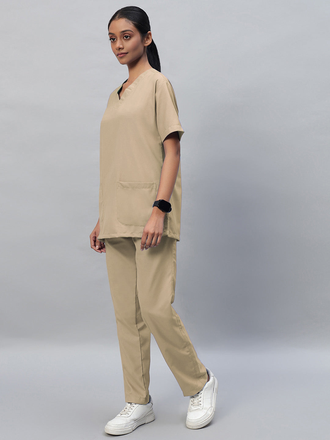 side look of beiege color medical scrub for women
