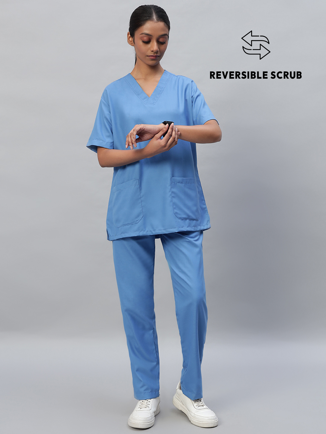 Sky Blue Reversible Half Sleeve Medical Scrubs - Female