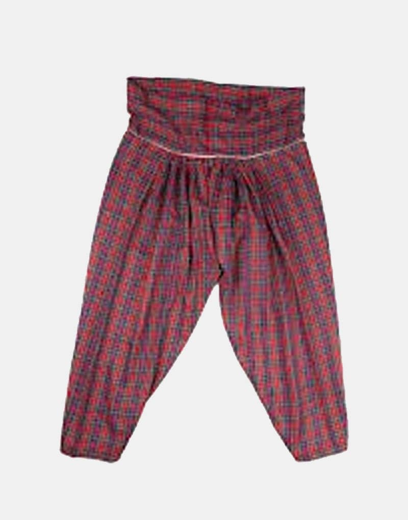 Red checked DAV school uniform salwar for girls with pleated waist and traditional style