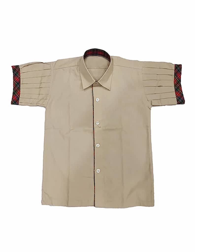 Beige DAV school uniform shirt with pleated short sleeve red checkered cuff, design for boys & girls school wear
