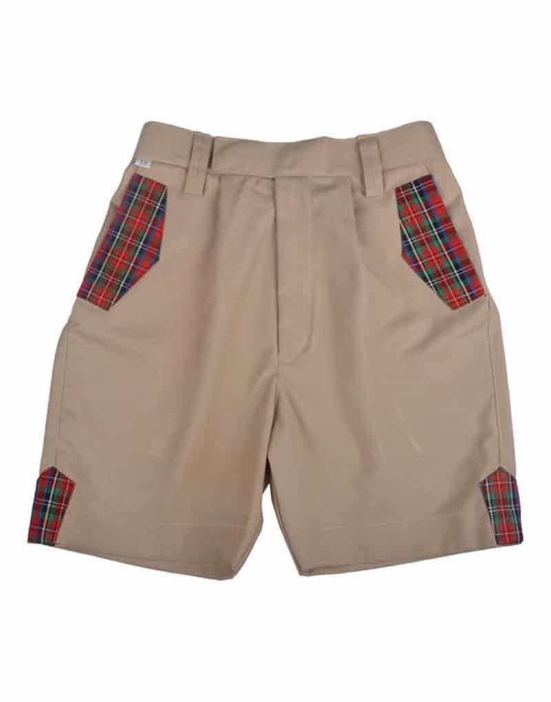 Beige DAV school uniform shorts for boys with red and green checked fabric on pockets and leg hems