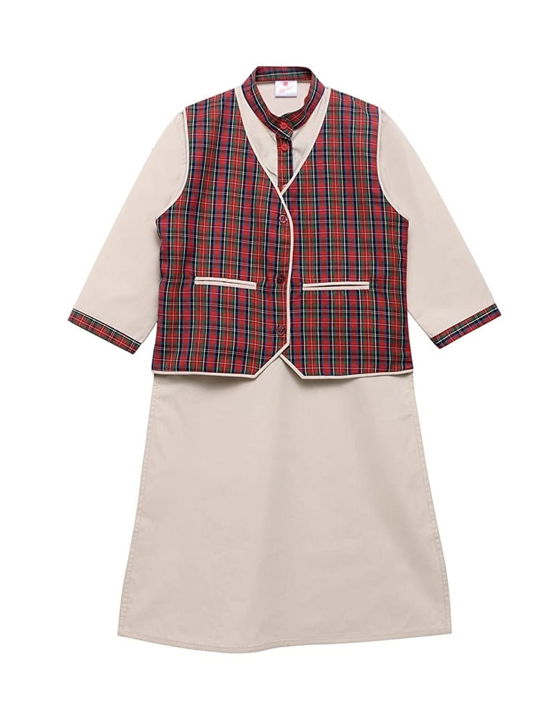DAV school uniform for girls featuring beige kurti with red checked waistcoat and sleeve trim, perfect for formal school wear