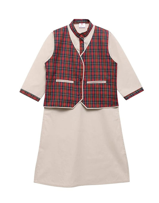 DAV school uniform for girls featuring beige kurti with red checked waistcoat and sleeve trim, perfect for formal school wear