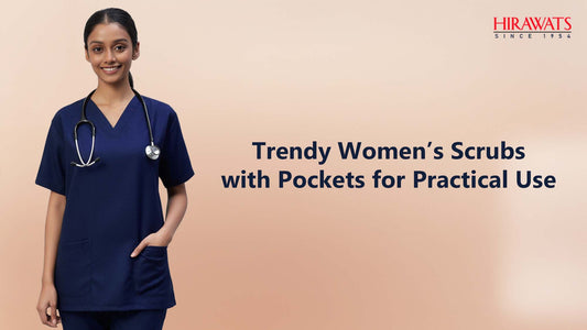Female doctor wearing Hirawats navy blue women’s scrubs with pockets