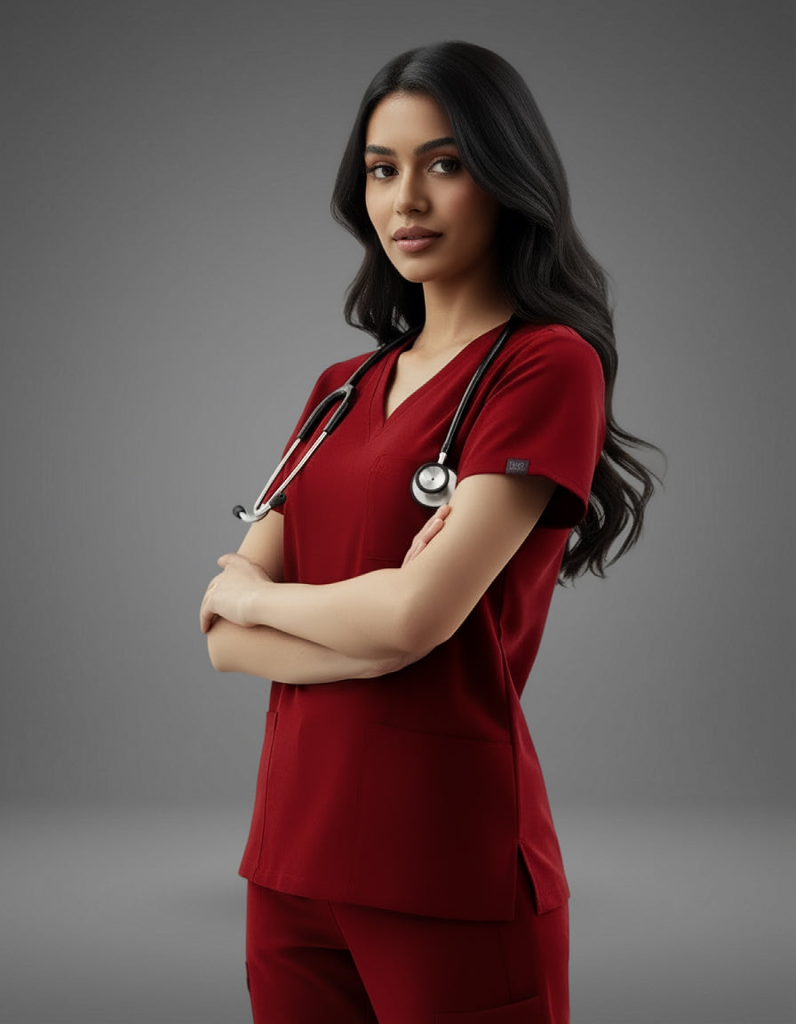 Burgundy Celest Premium Half Sleeves Medical Scrubs - Female