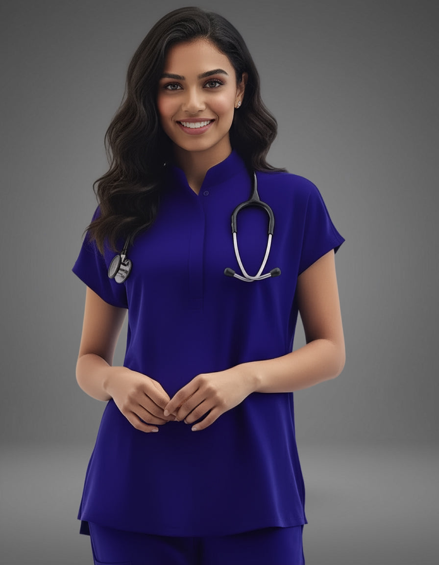 Blue Black Celest Mandarin Collar Premium Half Sleeves Medical Scrubs - Female