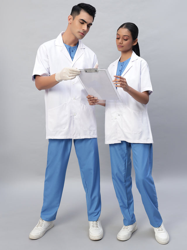 A man and a woman wearing White half-sleeve lab coat