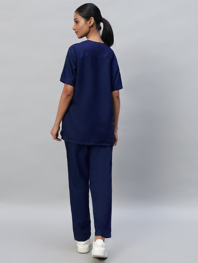 Back look of navy blue medical scrub for women