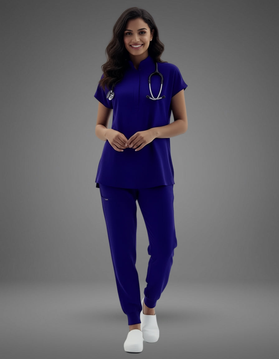 Blue Black Celest Mandarin Collar Premium Half Sleeves Medical Scrubs - Female