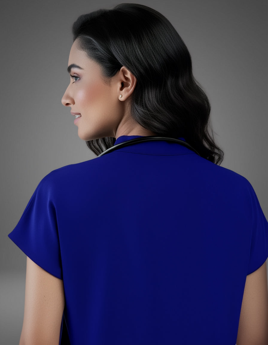 Blue Black Celest Mandarin Collar Premium Half Sleeves Medical Scrubs - Female