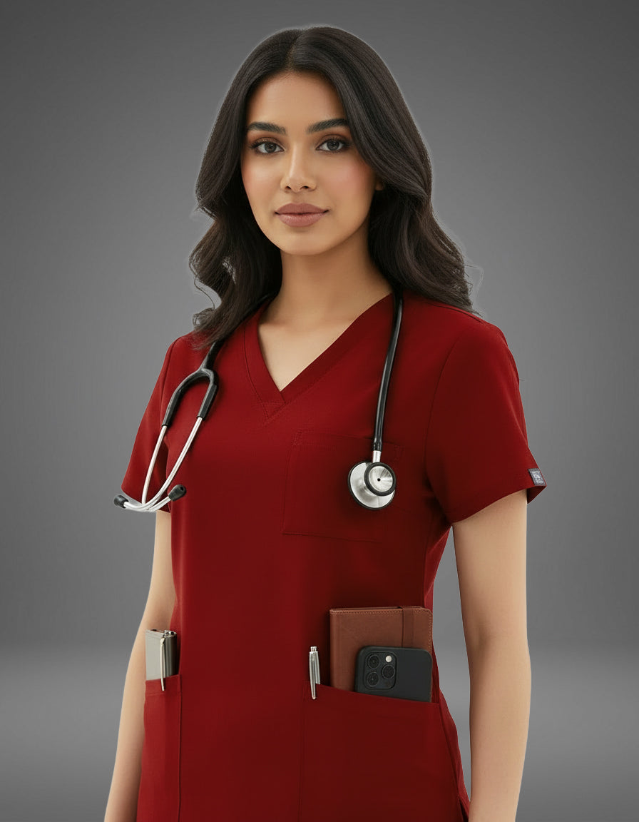 Burgundy Celest Premium Half Sleeves Medical Scrubs - Female
