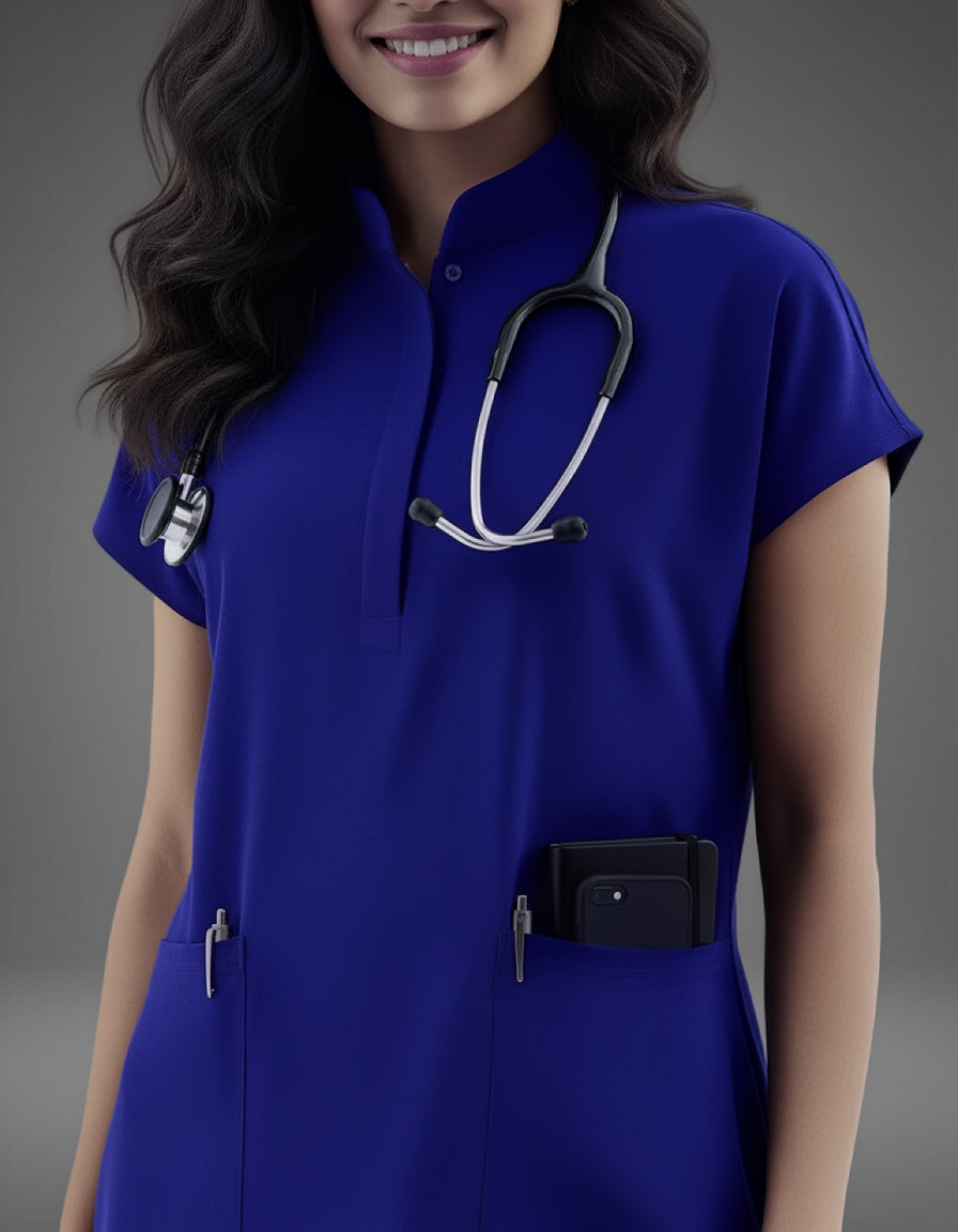 Blue Black Celest Mandarin Collar Premium Half Sleeves Medical Scrubs - Female