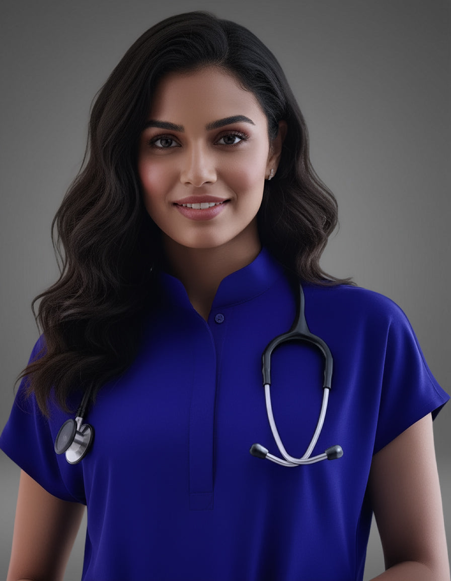 Blue Black Celest Mandarin Collar Premium Half Sleeves Medical Scrubs - Female