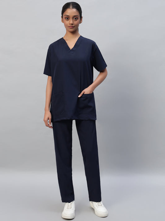 Navy Blue- Black Medical Scrub Set with a V-neck top and half sleeves long with 5 pockets