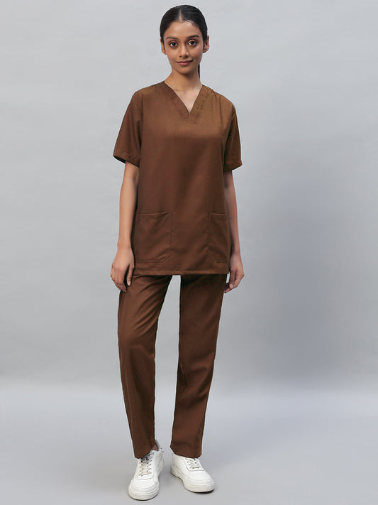 Brown Medical Scrub Suit Set with a V-neck top and half sleeves, and matching pants