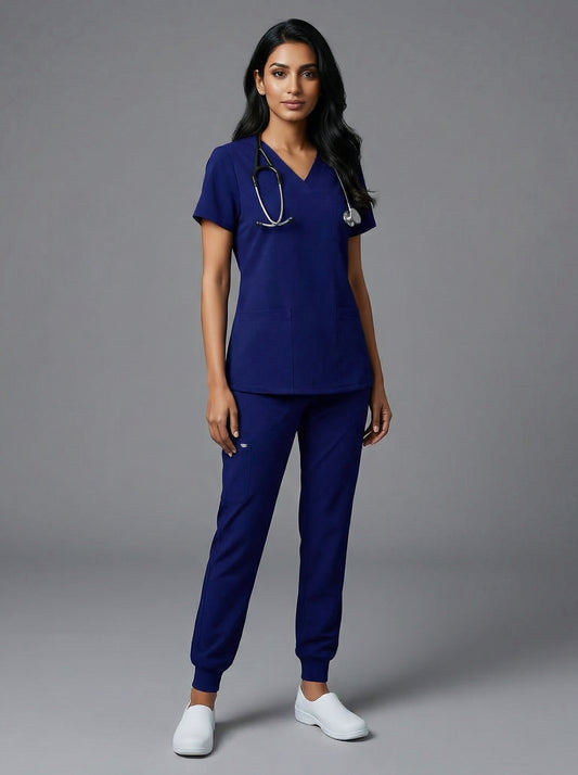 Blue Black Celest Premium Half Sleeves Medical Scrubs - Female
