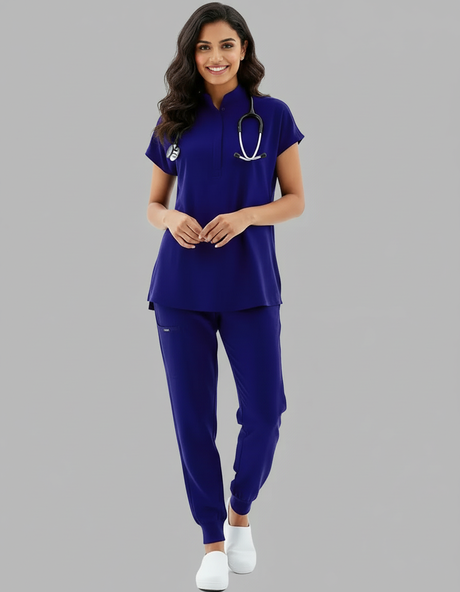Blue Black Celest Mandarin Collar Premium Half Sleeves Medical Scrubs - Female
