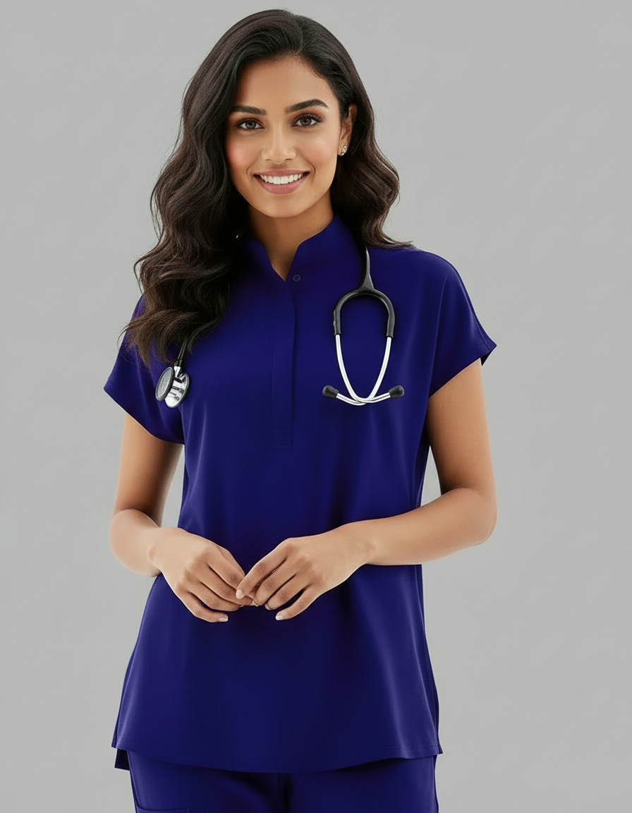 Blue Black Celest Mandarin Collar Premium Half Sleeves Medical Scrubs - Female