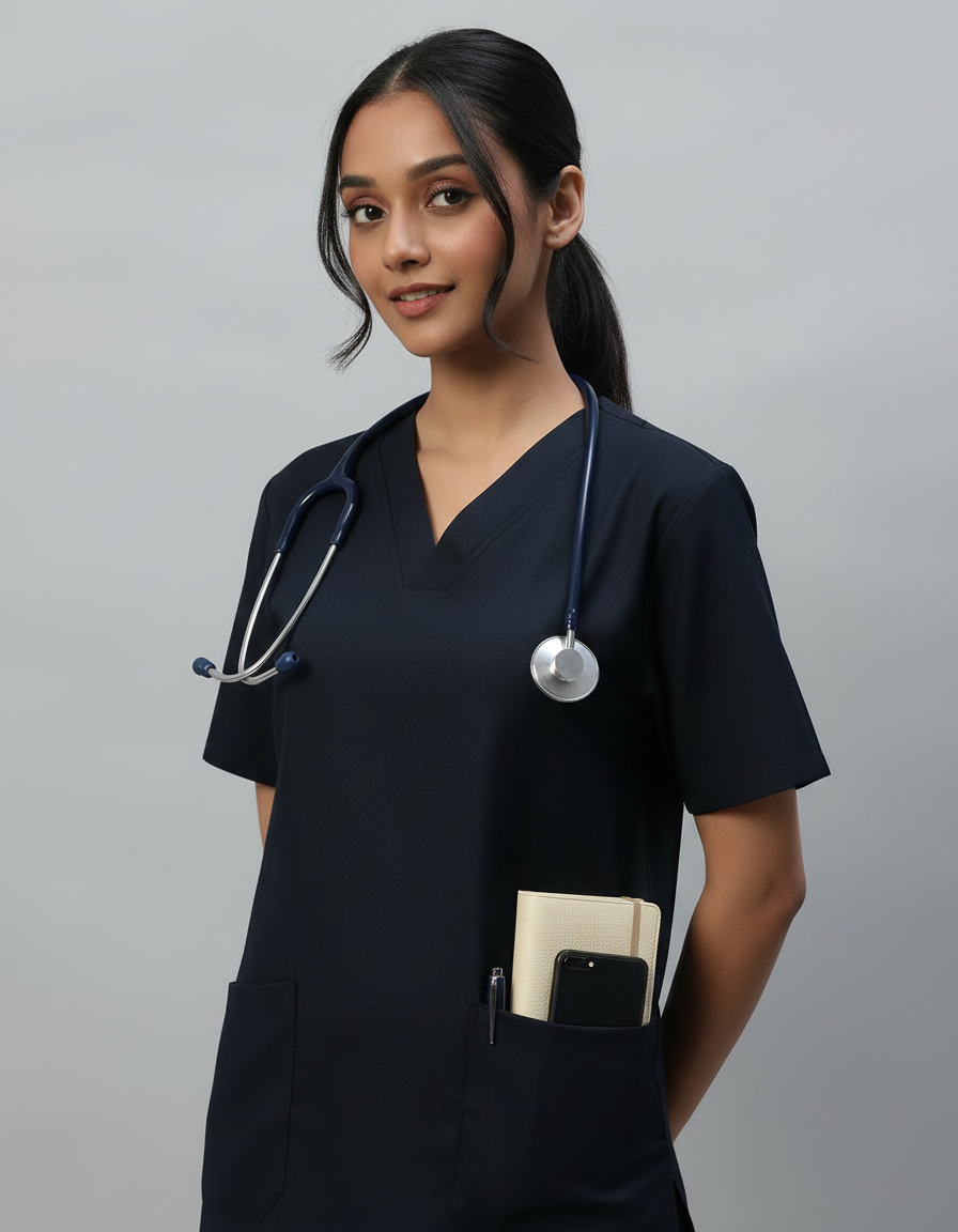 Blue Black Stretch Pro Half Sleeve Medical Scrubs – Female