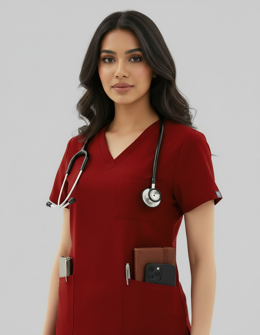 Burgundy Celest Premium Half Sleeves Medical Scrubs - Female