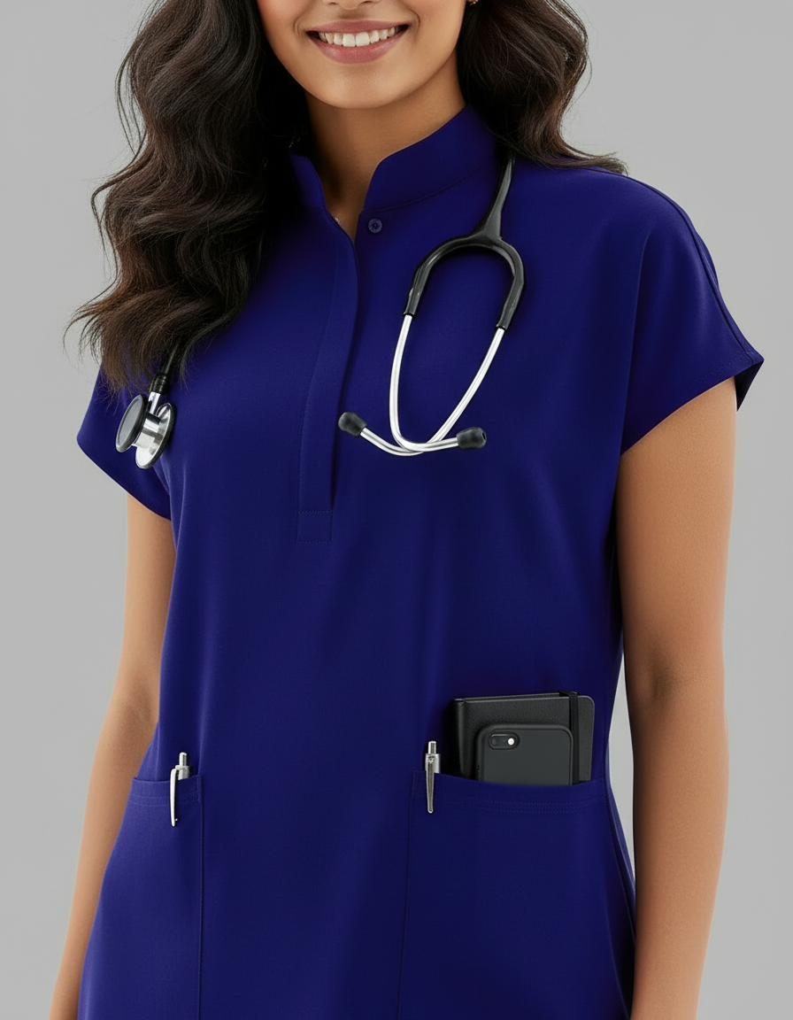 Blue Black Celest Mandarin Collar Premium Half Sleeves Medical Scrubs - Female