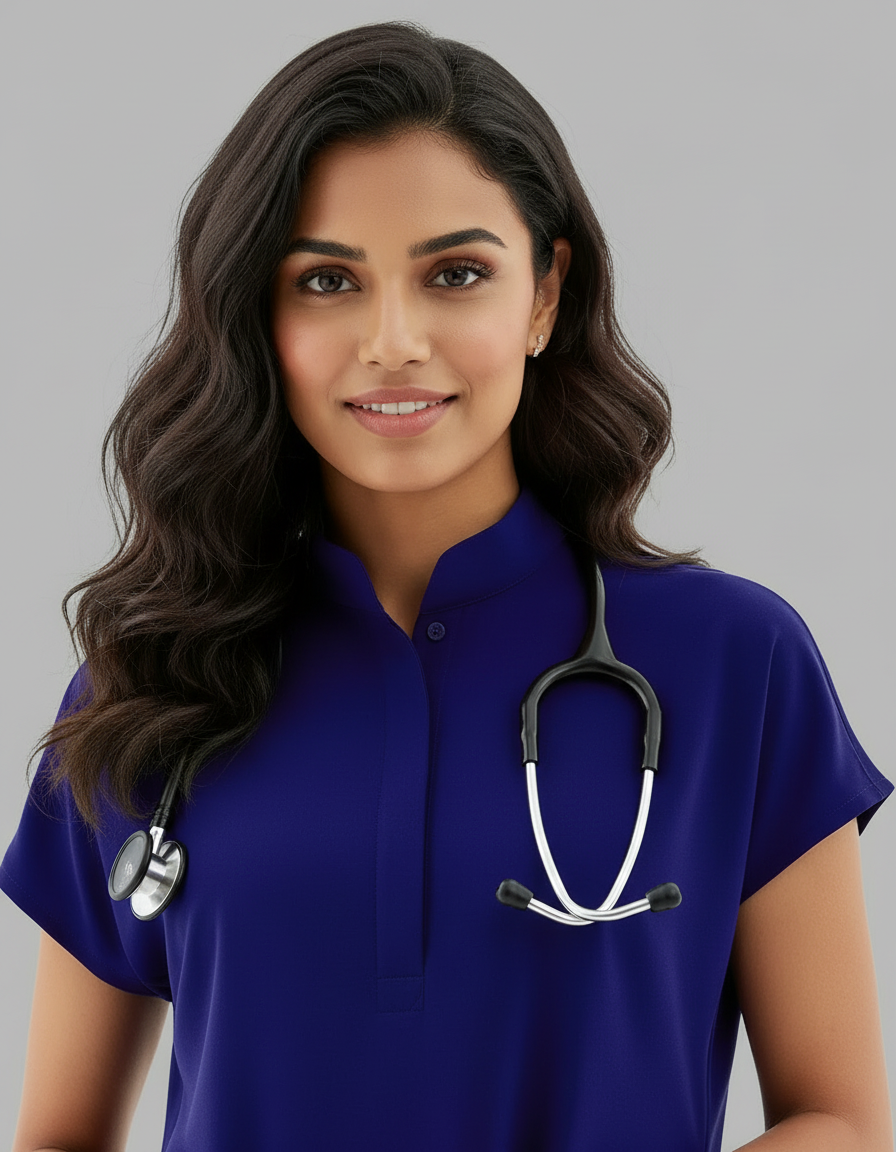 Blue Black Celest Mandarin Collar Premium Half Sleeves Medical Scrubs - Female