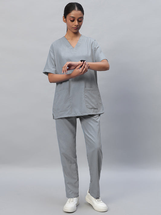 Grey color medical scrub in half-sleeve and v-neck top