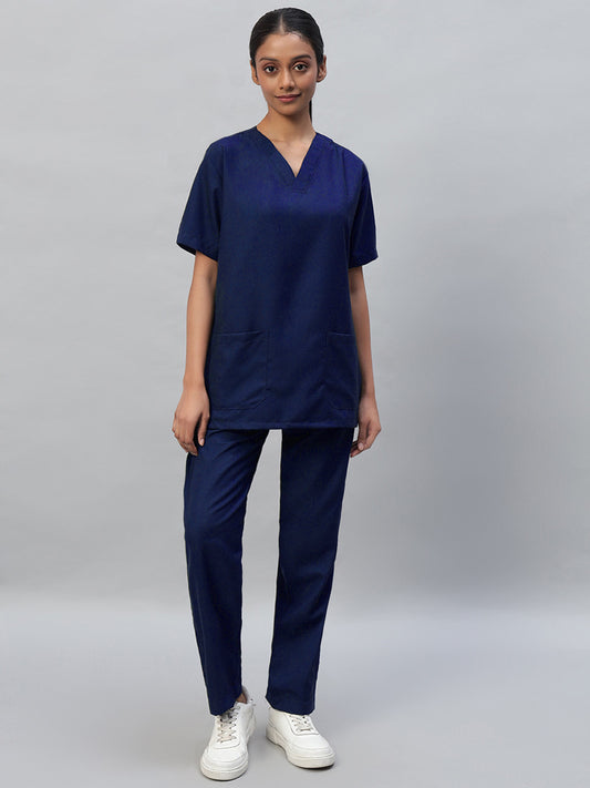 Royal Blue medical scrub with a V-neck, half sleeve top and elastic bottom with drawstrings, featuring multiple pockets.