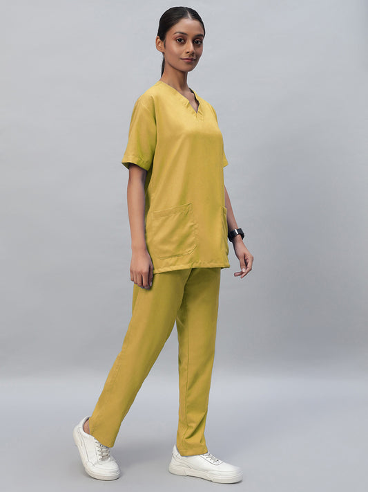 Yellow half sleeve medical scrubs with a V-neck top and full elastic bottom with drawstrings.