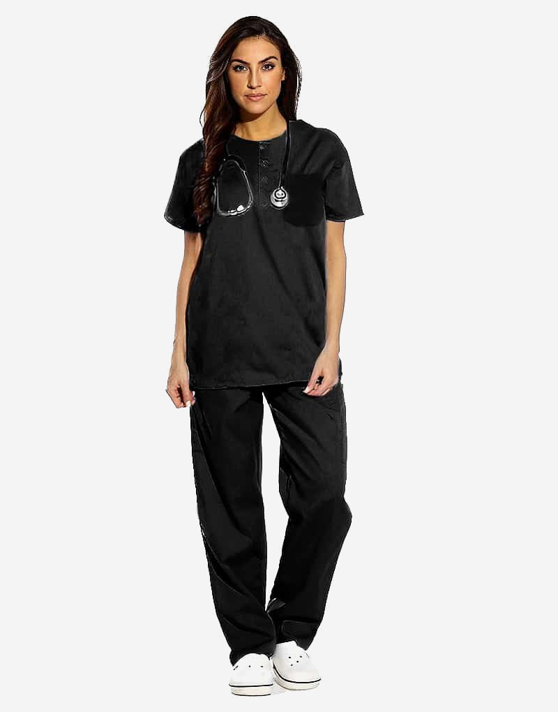 Black All-Day Half Sleeve Round Neck 3 Buttons Medical Scrubs (Unisex)