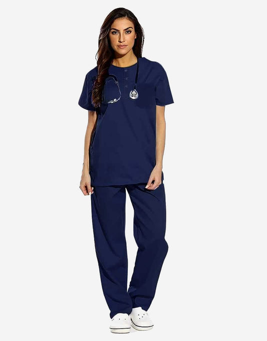 Blue Black All-Day Half Sleeve Round Neck 3 Buttons Medical Scrubs (Unisex)