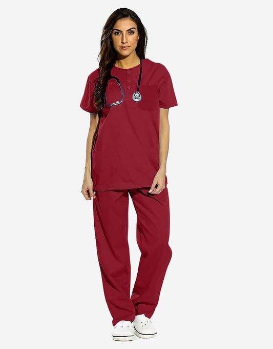 Maroon All-Day Half Sleeve Round Neck 3 Buttons Medical Scrubs (Unisex)