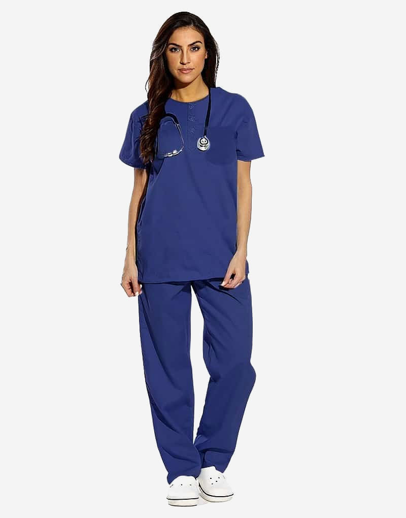 Navy Blue All-Day Half Sleeve Round Neck 3 Buttons Medical Scrubs (Unisex)