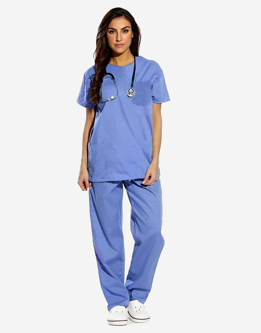 Sky Blue All-Day Half Sleeve Round Neck 3 Buttons Medical Scrubs (Unisex)
