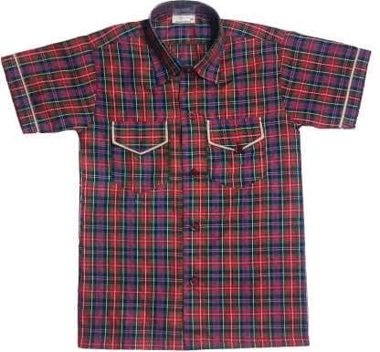 Red and blue checked half-sleeve DAV school shirt for boys with two front pockets and button-down design.
